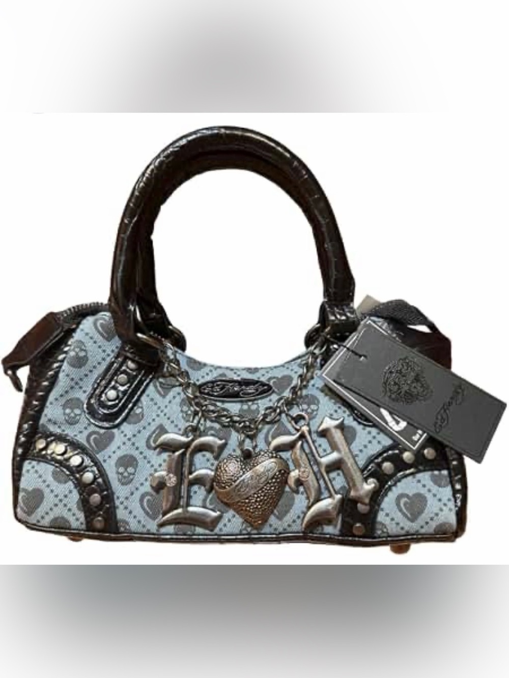 Ed Hardy Light Blue Heart & Skull Mini Satchel with Metallic Charm
